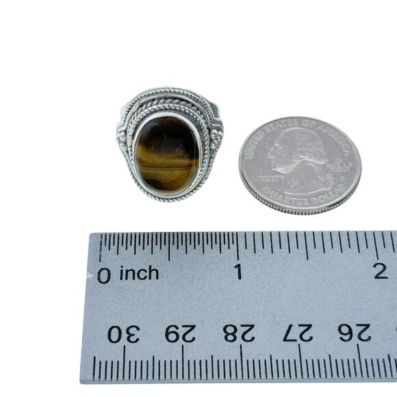 Rope Bead Detail Tiger's Eye Oval Statement Ring Sterling Silver 925 | Size 8.5 - Picture 6 of 7